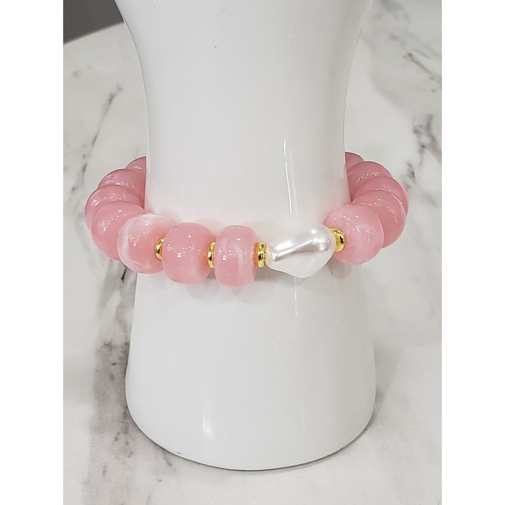 MAYAMAR 24kt Gold Plate Faux Pearl PINK Chunky Bracelet COASTAL COQUETTE DAINTY